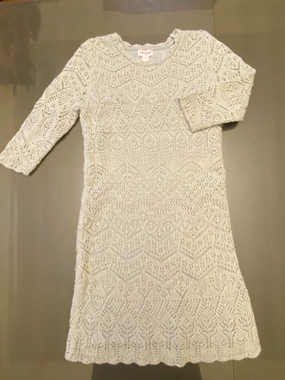 Cat & Jack Size 10 Silver Crochet Knit Dress with Three-Quarter Sleeves
